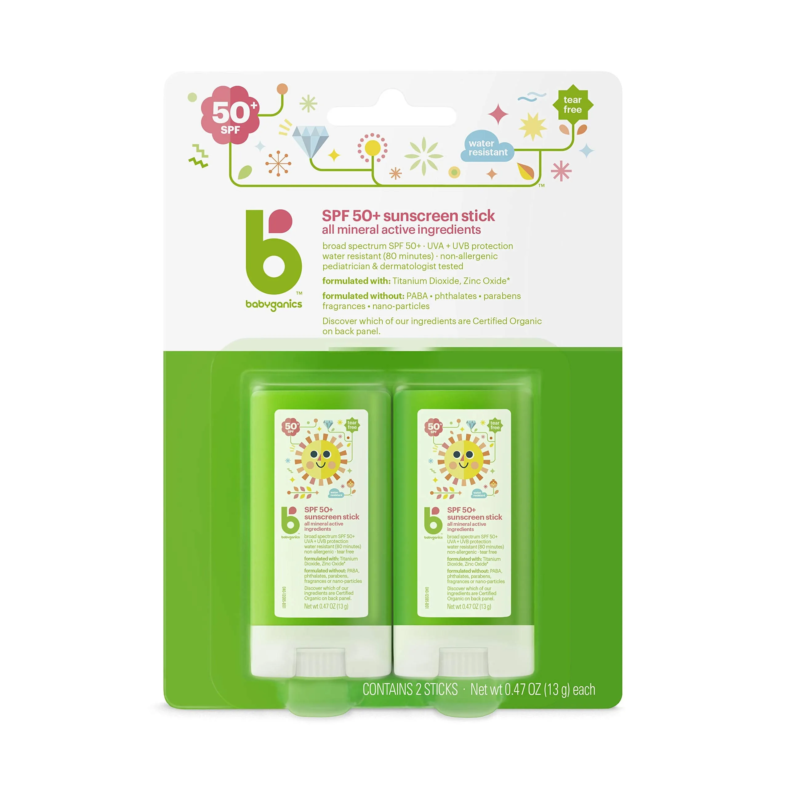 Babyganics SPF 50 Travel Size Baby Sunscreen Stick UVA UVB Protection | Water Resistant |Non Allergenic, 2 Pack 0.47 Ounce (Pack of 2)