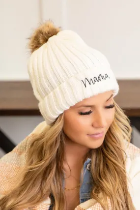Mama Embroidered Faux Fur Pom Beanie Cap **This item has free shipping.**