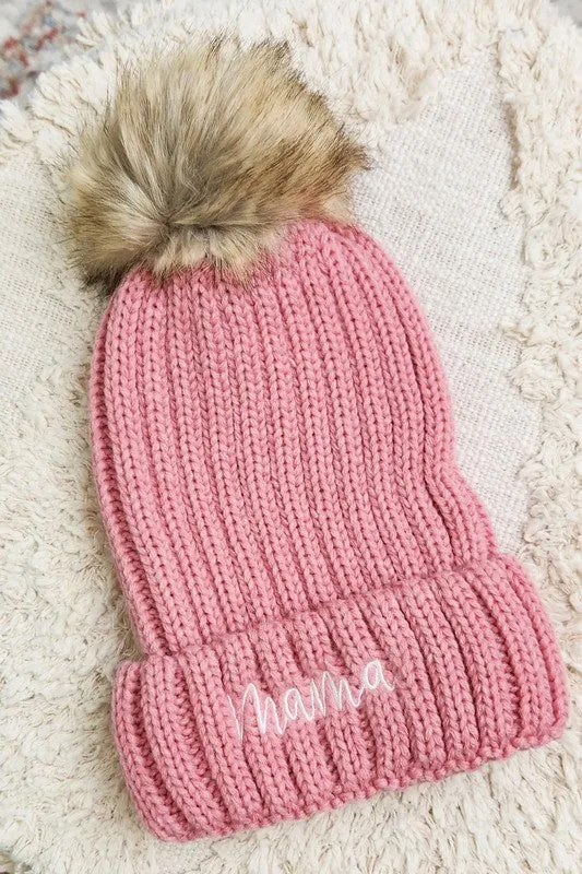 Mama Embroidered Faux Fur Pom Beanie Cap **This item has free shipping.**