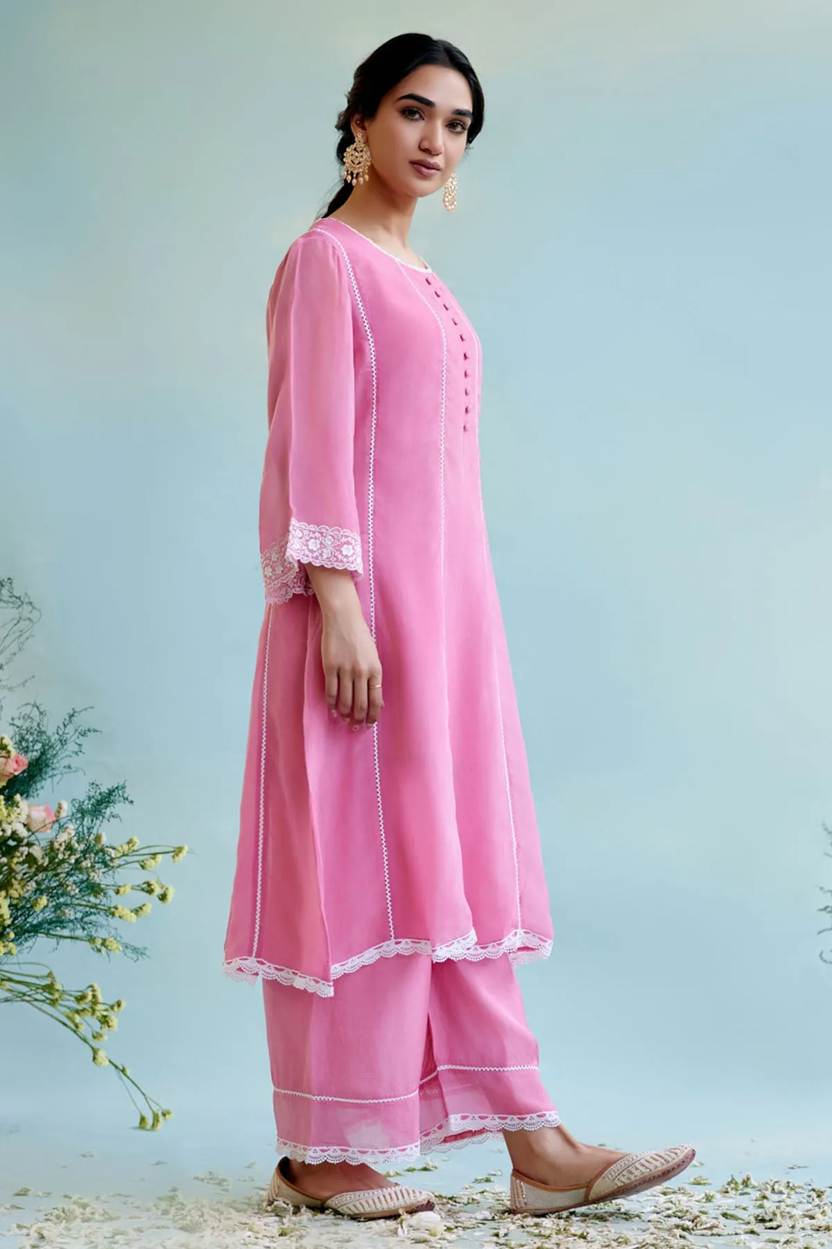 Pink Lace Embellished Kurat Set