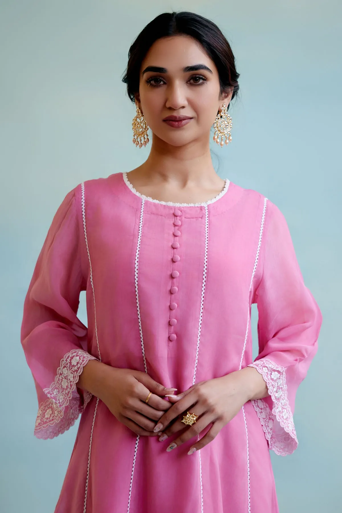 Pink Lace Embellished Kurat Set