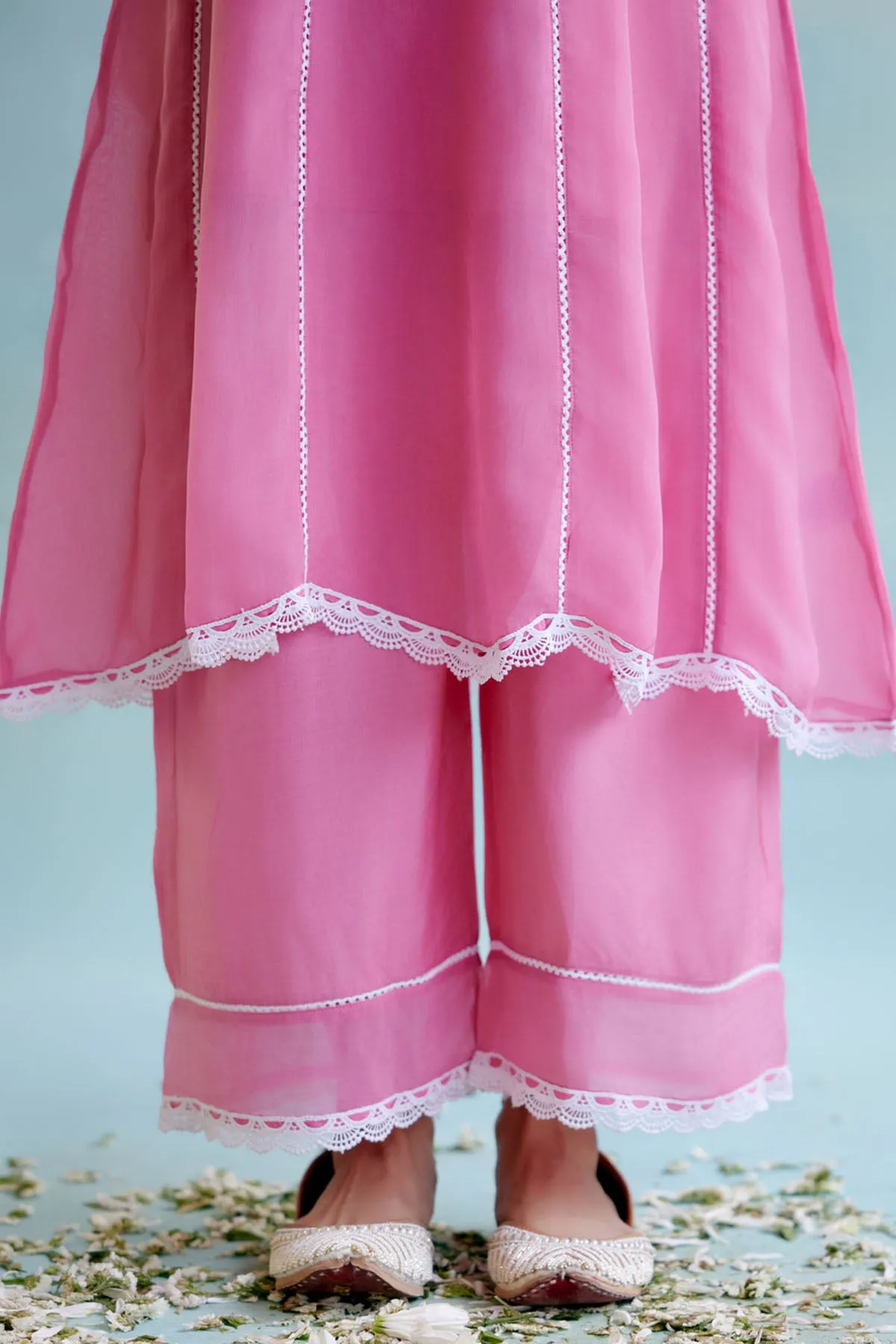 Pink Lace Embellished Kurat Set